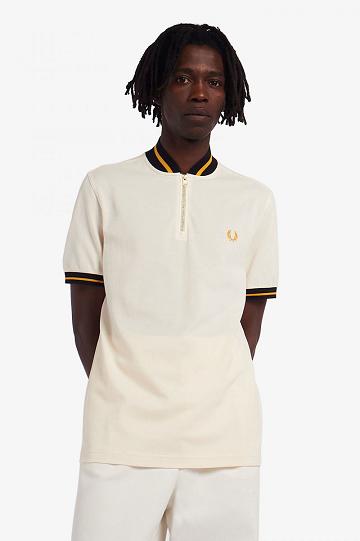 White Fred Perry Striped Bomber Neck Polo Men's Shirts | PH 1534HAPK